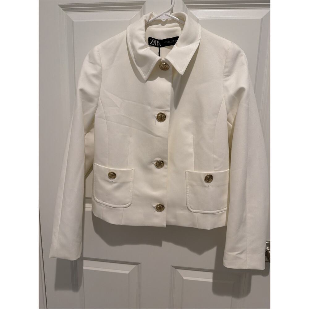Zara Womens Blazer sweater Jacket S Cream Off White Gold Button NWT